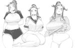  1girl bangs breasts cleavage clothes_lift cropped_shirt forehead_jewel genderswap genderswap_(mtf) greyscale highres jinguang_budaixi large_breasts long_hair monochrome navel panties parted_bangs plump ponytail sailor_collar shorts sitting skindentation stomach sweater sweater_lift underwear xue_shan_yin_yan zoner 