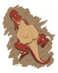  2022 abdominal_bulge belly big_belly claws convexpert dinosaur fangs female feral hi_res lying nude on_back pregnant pregnant_female red_body reptile scales scalie solo spread_legs spreading tail_between_legs theropod toe_claws tyrannosaurid tyrannosaurus tyrannosaurus_rex yellow_eyes 