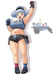  1girl :d absurdres arm_up armpits asymmetrical_gloves asymmetrical_legwear blue_eyes blue_hair breasts cleavage_cutout clothing_cutout creature_and_personification double_bun full_body hair_bun hat heterochromia highres large_breasts letro magnet magnezone navel open_mouth personification plump pokemon pokemon_(creature) red_eyes short_shorts shorts skindentation smile standing 