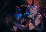  1girl arcane:_league_of_legends arcane_jinx arm_tattoo blue_hair braid braided_ponytail breasts cloud_tattoo commentary cropped_shirt english_commentary fingerless_gloves gloves glowing halterneck holding holding_weapon jinx_(league_of_legends) league_of_legends long_hair looking_at_viewer midriff moon navel optionaltypo pants pink_eyes red_moon rocket_launcher small_breasts smile solo stomach_tattoo striped striped_pants tattoo v weapon 