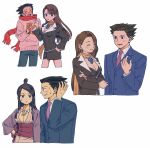  1boy 2girls ace_attorney black_hair blush breasts brown_hair cleavage closed_eyes earrings formal hair_ornament jewelry long_hair maya_fey mia_fey mole mole_under_mouth multiple_girls multiple_views necklace necktie orange_scarf pants phoenix_wright red_scarf renshu_usodayo scarf skirt skirt_suit smile spiked_hair suit sweat sweater sweating_profusely tears 