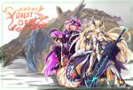  2girls alternate_costume armor bangs blonde_hair breasts chest_jewel crossover gore_magala_(armor) greatsword hammer highres holding holding_sword holding_weapon huge_weapon large_breasts long_hair monster_hunter_(series) multiple_girls mythra_(xenoblade) open_mouth pyra_(xenoblade) red_eyes red_hair shagaru_magala_(armor) short_hair simple_background sofusan1526 swept_bangs sword tigrex very_long_hair weapon white_background xenoblade_chronicles_(series) xenoblade_chronicles_2 yellow_eyes 