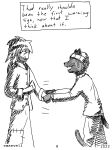  a_story_with_a_known_end black_body black_fur cameron_cress clothing comic domestic_cat emsevell english_text felid feline felis fur gesture handshake handwear hat headgear headwear hi_res human mammal mittens page_number patched_clothing sketch text webcomic 