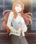  accidental_exposure anime_screencap black_pantyhose blue_eyes bra breasts highres jessica_schwartz kinsou_no_vermeil long_hair looking_at_viewer open_clothes open_mouth open_shirt orange_hair panties panties_under_pantyhose pantyhose shirt stitched third-party_source unbuttoned underwear undressing white_bra white_panties white_shirt window 