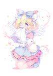  1girl absurdres animal apron bag bell blonde_hair blue_apron blue_bow blue_eyes blue_footwear blush bow cat colored_shadow commission cutesu_(cutesuu) double_bun dress eyepatch feathered_wings frilled_apron frilled_sleeves frills full_body hair_bell hair_bow hair_bun hair_ornament hand_up highres jingle_bell kneeling layered_sleeves loafers long_sleeves looking_at_viewer medical_eyepatch original pink_dress puffy_short_sleeves puffy_sleeves shadow shoes short_over_long_sleeves short_sleeves shoulder_bag sleeves_past_fingers sleeves_past_wrists socks solo suzuhara_(13yuuno) white_background white_cat white_socks white_wings wide_sleeves wings 