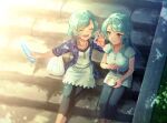  2girls ^_^ aqua_hair bang_dream! bangs bottle braid closed_eyes dappled_sunlight dress food green_eyes highres hikawa_hina hikawa_sayo holding holding_bottle holding_spoon jewelry long_hair lower_teeth marble_(toy) mitoha multiple_girls open_mouth outdoors pants pendant plaid plaid_shirt ramune shirt short_hair siblings side-by-side sisters sitting smile spoon stairs sunlight swept_bangs teeth twin_braids twins 