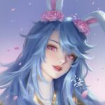  1girl animal_ears blue_hair collar douluo_dalu fantuan_ling_yabai_hu_zhao_yu flower from_below hair_flower hair_ornament highres long_hair looking_at_viewer official_alternate_hair_color parted_lips pink_eyes portrait rabbit_ears second-party_source solo teeth xiao_wu_(douluo_dalu) 