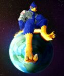  absurd_res anthro avian blue_body bottomless clothed clothing falco_lombardi feathers feet hi_res jacket jackrinzler macro male nintendo planet sitting smile solo space star_fox topwear video_games yellow_feet 