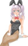  1girl absurdres animal_ears black_leotard blue_eyes bow bowtie breasts brown_pantyhose cleavage detached_collar fake_animal_ears feet_out_of_frame grey_hair highres invisible_chair kantai_collection kashima_(kancolle) leotard maonatten medium_breasts one-hour_drawing_challenge pantyhose playboy_bunny rabbit_ears rabbit_tail red_eyes sidelocks simple_background sitting solo strapless strapless_leotard tail twintails wavy_hair white_background wrist_cuffs 