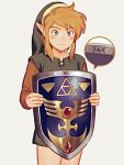  1boy bangs bishounen blonde_hair blue_eyes commentary commentary_request hat holding holding_shield link looking_at_viewer male_focus nintendo pointy_ears shield simple_background smile solo the_legend_of_zelda translated triforce yone_f15 