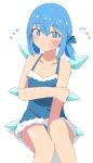  1girl adapted_costume alternate_hairstyle blue_dress blue_eyes blue_hair blush bow cirno dress feet_out_of_frame flying_sweatdrops hair_bow highres ice ice_wings knees_together_feet_apart looking_at_viewer mizune_(winter) simple_background sitting solo touhou white_background wings 
