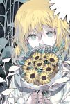  1girl bangs blonde_hair bouquet covered_mouth flower green_eyes green_hair hair_between_eyes holding holding_bouquet long_hair long_sleeves looking_at_viewer mechuragi multicolored_hair original shirt solo sunflower two-tone_hair upper_body white_shirt yellow_flower 