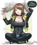  1girl absurdres black_bodysuit black_jacket blue_eyes bodysuit breast_tattoo breasts brown_hair cleavage covered_navel english_text eunie_(xenoblade) feathers green_hoodie head_wings highres hood hoodie indian_style jacket large_breasts leather leather_jacket medium_hair moulting open_mouth ravenhart sitting solo speech_bubble tattoo toned xenoblade_chronicles_(series) xenoblade_chronicles_3 