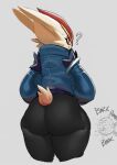  ambiguous_gender anthro big_butt bubble_butt butt cinderace clothing confusion female female_focus generation_8_pokemon hi_res huge_butt jacket krekk0v lagomorph leporid looking_at_viewer looking_back mammal nintendo pokemon pokemon_(species) question_mark rabbit rear_view solo tail_tuft thick_thighs topwear tuft video_games wide_hips 