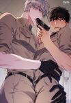  2boys absurdres bishounen black_gloves blush bulge bulge_press bulges_touching fellatio gloves gun_in_mouth highres ilay_riegrow jeong_taeui male_focus multiple_boys o_ssion open_mouth oral passion_(manhwa) saliva sexually_suggestive simulated_fellatio sweatdrop yaoi 