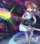  1girl alternate_costume bangs beam beam_gun blonde_hair blue_dress blush collarbone commentary_request dress gatling_gun green_eyes gun hat highres holding holding_gun holding_weapon indie_virtual_youtuber long_hair m134_minigun open_mouth pom_pom_(clothes) rainbow shigure_ui_(vtuber) solo straw_hat striped striped_dress taiyo_sketches two-tone_dress vertical-striped_dress vertical_stripes virtual_youtuber wanted weapon white_dress 