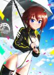  1girl alice_gear_aegis black_jacket black_thighhighs blue_eyes booth_babe breasts brown_hair cleavage_cutout clothing_cutout confetti dutch_angle fuyumaaru highres jacket kanagata_sugumi looking_at_viewer medium_breasts race_queen short_hair solo standing thighhighs umbrella 