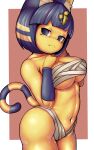  animal_crossing animal_humanoid ankha_(animal_crossing) anthro armwear athletic athletic_female blue_eyes blue_hair breasts clothed clothing curled_tail dark_blue_hair domestic_cat egyptian_headdress eyelashes felid feline felis female fluffy_ears glistening glistening_body hair hand_on_breast hi_res humanoid looking_aside mammal maxlikeapicture mummy_wrappings navel nintendo side_view simple_background skimpy solo stripped_tail under_boob video_games yellow_body 
