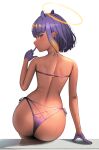 1girl bikini blue_eyes closed_mouth commentary_request finger_to_mouth gloves halo highres hololive hololive_english looking_at_viewer looking_back mole mole_under_eye ninomae_ina&#039;nis pointy_ears purple_bikini purple_gloves purple_hair swimsuit tan tentacle_hair tungsten_(kwfr4544) virtual_youtuber wet 