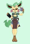  accessory anthro apron beverage bottomwear bracelet breasts choker cleavage clothed clothing container cup eeveelution female generation_4_pokemon hair_accessory hairband hi_res holding_cup holding_object jewelry kilinah leafeon name_tag necklace nintendo one_eye_closed open_mouth open_smile pokemon pokemon_(species) shirt shorts simple_background smile solo topwear video_games wink 