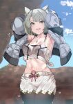  1girl animal_ears arms_up bra breasts cat_ears chest_jewel cleavage crop_top grey_hair highres jacket johnny_funamushi mio_(xenoblade) navel pantyhose shirt skirt smile solo stomach tied_shirt underwear wet wet_clothes xenoblade_chronicles_(series) xenoblade_chronicles_3 
