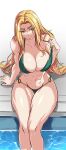  1girl abs absurdres bikini bikini_pull blonde_hair chin_piercing clothes_pull curvy fate/grand_order fate_(series) green_bikini green_eyes highres looking_at_viewer muscular muscular_female poolside quetzalcoatl_(fate) solo swimsuit swimsuit_pull thick_thighs thighs wide_hips zantyarz 