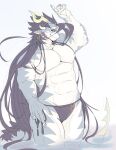  abs anthro black_hair clothing dragon ear_piercing ear_ring fuxi_(tas) grey_body grey_scales hair hi_res izm_rm7 lifewonders long_hair male muscular muscular_anthro muscular_male pecs piercing ring_piercing scales simple_background solo speedo swimwear tokyo_afterschool_summoners video_games white_background 