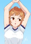  1girl absurdres ahoge arms_up bangs blue_background bra_visible_through_clothes breasts eyelashes gym_shirt gym_uniform highres juusan_kihei_bouei_ken looking_away medium_breasts minami_natsuno nishimagi orange_hair parted_lips red_eyes shirt short_hair short_sleeves signature simple_background stretching sweat t-shirt upper_body 