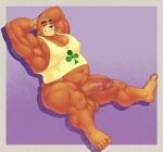  absurd_res animal_crossing anthro armpit_hair belly big_belly big_pecs body_hair brown_bear clothing erection eyes_closed feet grizzly_bear hands_behind_back hi_res hunnipanda male mammal musclegut nintendo pecs shirt sitting solo tank_top teddy_(animal_crossing) topwear ursid ursine video_games 