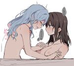  2girls aoiro_050 bang_dream! black_hair blue_hair blush breasts closed_eyes facing_another hand_on_another&#039;s_shoulder holding_another&#039;s_arm long_hair matsubara_kanon medium_breasts medium_hair multiple_girls nipples nude okusawa_misaki open_mouth profile shared_bathing sketch wet yuri 