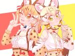  2girls animal_costume animal_ear_fluff animal_ears belt blonde_hair bow bowtie cat_ears cat_girl closed_mouth geoffroy&#039;s_cat_(kemono_friends) green_eyes hauru_252 highres kemono_friends kemono_friends_v_project large-spotted_genet_(kemono_friends) long_hair looking_at_viewer microphone multicolored_hair multiple_girls one_eye_closed open_mouth orange_eyes orange_hair ribbon shirt simple_background skirt smile twintails virtual_youtuber 