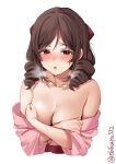  1girl bare_shoulders blush breasts brown_hair cleavage covering covering_breasts drill_hair ebifurya harukaze_(kancolle) highres japanese_clothes kantai_collection kimono looking_at_viewer medium_breasts medium_hair open_mouth red_eyes simple_background solo sweat sweating_profusely twin_drills twitter_username white_background yukata 