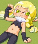  1girl agent_3_(splatoon_3) asymmetrical_hair black_gloves black_pants blonde_hair braid breasts closed_mouth eyebrow_cut eyes_visible_through_hair fingerless_gloves gloves green_eyes groin highres inkling inkling_girl long_hair lowleg lowleg_pants lying navel on_back pants small_breasts smile solo splatoon_(series) splatoon_3 squidbeak_splatoon suction_cups tentacle_hair torn_clothes yugmlecpdduukox 