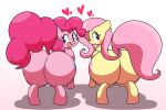  &lt;3 absurd_res blue_eyes blush butt cutie_mark duo earth_pony equid equine eyebrows female feral fluttershy_(mlp) friendship_is_magic gravtitty green_eyes hair hasbro hi_res horse mammal my_little_pony pegasus pink_body pink_hair pink_tail pinkie_pie_(mlp) pony presenting presenting_hindquarters raised_tail simple_background tongue tongue_out white_background wings yellow_body 