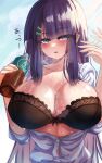  1girl absurdres bangs blue_eyes blue_nails blue_sky bra breasts buttons cleavage cloud day drink fanning_self fingernails hair_ornament hairclip highres holding holding_drink hot huge_breasts long_hair looking_at_viewer open_clothes open_shirt original parted_lips purple_hair see-through shiny shiny_skin sidelocks sky steam steaming_body sunlight sweat sweaty_clothes translation_request underwear upper_body wet wimawi 