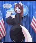  absurd_res anthro big_breasts breasts brown_hair butt_pose canid canine canis clothing curvaceous curvy_figure dialogue edith_vaughn female fur green_eyes hair hi_res huge_breasts legwear looking_at_viewer mammal mature_anthro mature_female politics pose president rayka solo speech_bubble stars_and_stripes stockings topwear united_states_of_america voluptuous white_body white_fur white_house wide_hips wolf 