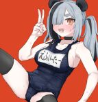  1girl :d animal_ears arknights ass bare_shoulders bear_ears black_hair black_thighhighs blue_one-piece_swimsuit breasts choker fang feater_(arknights) grey_hair hair_over_one_eye highres long_hair looking_at_viewer matangom multicolored_hair one-piece_swimsuit open_mouth orange_eyes red_background school_swimsuit simple_background smile solo spread_legs sweat swimsuit thighhighs twintails two-tone_hair v 