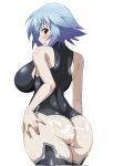 1girl :p ass ass_grab black_leotard blue_hair breasts cum cum_on_ass deep_skin from_behind grabbing_own_ass hand_on_own_ass hands_on_ass highres infinite_stratos large_breasts leotard looking_at_viewer looking_back red_eyes sarashiki_tatenashi shiny shiny_clothes shiny_hair shiny_skin short_hair simple_background skin_tight solo space_gorilla standing sweat tongue tongue_out white_background 
