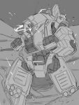  absurdres clenched_hands english_commentary glowing glowing_eye greyscale highres ion_(titanfall_2) looking_at_viewer mecha monochrome mymyc no_humans one-eyed robot sketch smoke solo titan_(titanfall) titanfall_(series) titanfall_2 