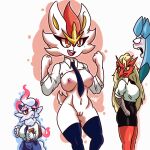  anthro blaziken breasts cinderace eeveelution exhibitionism female generation_3_pokemon generation_4_pokemon generation_5_pokemon generation_8_pokemon genitals glaceon nintendo office omegamax pokemon pokemon_(species) pussy solo video_games zorua 