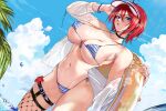  1girl absurdres arm_up armpits bare_shoulders bikini blue_eyes bracelet breasts cleavage highres innertube jewelry large_breasts looking_at_viewer loooyd navel off_shoulder original outdoors parted_lips red_hair shirt side-tie_bikini_bottom sky solo striped striped_bikini swimsuit thigh_strap underboob visor_cap white_shirt 