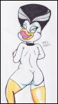  anatid anseriform anthro avian beak bird breasts butt darkwing_duck disney duck feathers female genitals green_eyes holding_breast lipstick magic_user makeup morgana_mccawber nude open_mouth pussy reddragonkan simple_background solo traditional_media_(artwork) 