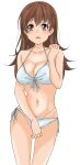  1girl absurdres bikini breasts brown_eyes brown_hair cleavage cowboy_shot front-tie_top highres kantai_collection long_hair maonatten medium_breasts navel ooi_(kancolle) side-tie_bikini_bottom simple_background solo standing swimsuit white_background white_bikini 