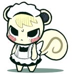  2019 animal_crossing anthro apron blonde_hair blush clothing digital_media_(artwork) fur hair maid_headdress maid_uniform male mammal marshal_(animal_crossing) nintendo pink_cheeks rodent sciurid seologi simple_background solo standing tan_body tan_fur tree_squirrel uniform video_games white_background 