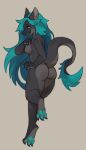  anthro breasts butt claws eyebrows female fish green_eyes green_hair green_pawpads grey_body grey_scales hair inner_ear_fluff long_hair marine open_mouth pawpads rear_view retros scales shark simple_background smile solo teeth tuft 