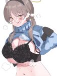 1girl :q animal_ears bangs blue_sweater blush bra breasts brown_hair clothes_pull fake_animal_ears glasses hair_ornament halo highres lingerie long_hair looking_at_viewer moe_(blue_archive) navel round_eyewear solo steam sweat sweater sweater_pull tongue tongue_out tsumayouji_(tumayog) twintails underwear untying white_background yellow_eyes 