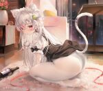  1girl animal_ears ass blush bottle cat_ears cat_girl cat_tail chen_bin extra_ears full_body gloves highres indoors long_hair maid_headdress multicolored_hair no_shoes original panties panties_under_pantyhose pantyhose pink_hair red_eyes solo streaked_hair tail underwear very_long_hair white_gloves white_hair white_pantyhose 