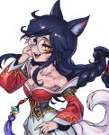  1girl ahri_(league_of_legends) animal_ears bangs bare_shoulders bespectacled black_hair braid breasts cleavage detached_sleeves facial_mark fox_ears fox_tail glasses hand_up korean_clothes large_breasts league_of_legends long_hair looking_at_viewer multiple_tails phantom_ix_row round_eyewear shiny shiny_hair smile solo tail whisker_markings yellow_eyes 