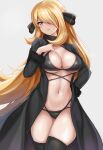  1girl bangs bikini black_bikini black_collar black_thighhighs blonde_hair breasts cleavage collar commentary_request cynthia_(pokemon) eyelashes fur_collar grey_background hair_ornament hair_over_one_eye hand_up large_breasts long_hair navel parted_lips pokemon pokemon_(game) pokemon_dppt r-binon revision shiny shiny_skin signature simple_background solo swimsuit thighhighs very_long_hair yellow_eyes 