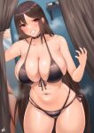  1girl absurdres bangs bare_shoulders bikini black_bikini blush breasts brown_eyes brown_hair cleavage collarbone earrings fate/grand_order fate_(series) highres jewelry kisaragi_tsurugi large_breasts long_hair looking_at_viewer multiple_earrings navel solo swimsuit thighs very_long_hair yu_mei-ren_(fate) 